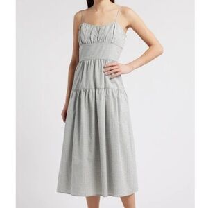 Charles Henry Check Tiered Scoop Neck Midi Dress Size M Ivory Black Seersucker